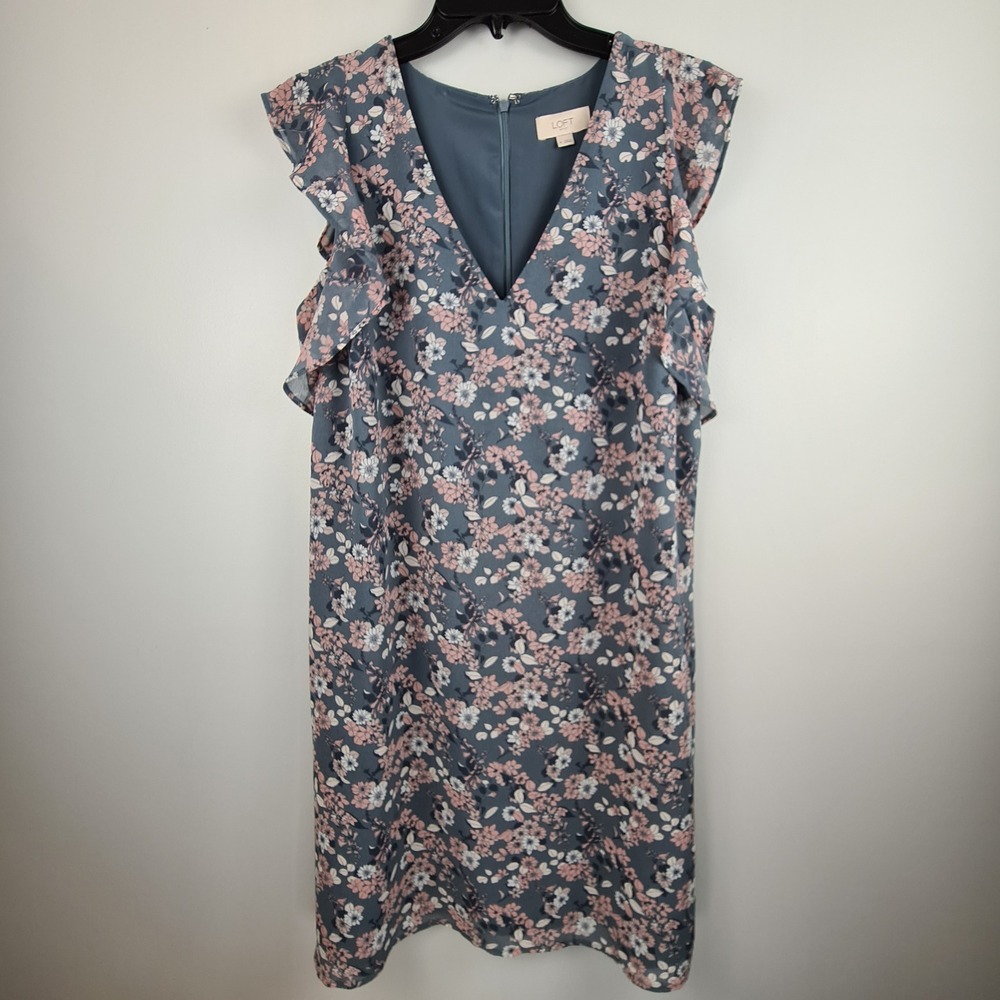 LOFT Outlet Womens Gray Pink Floral Ruffle Sleeve V-Neck Sheath Dress Size M